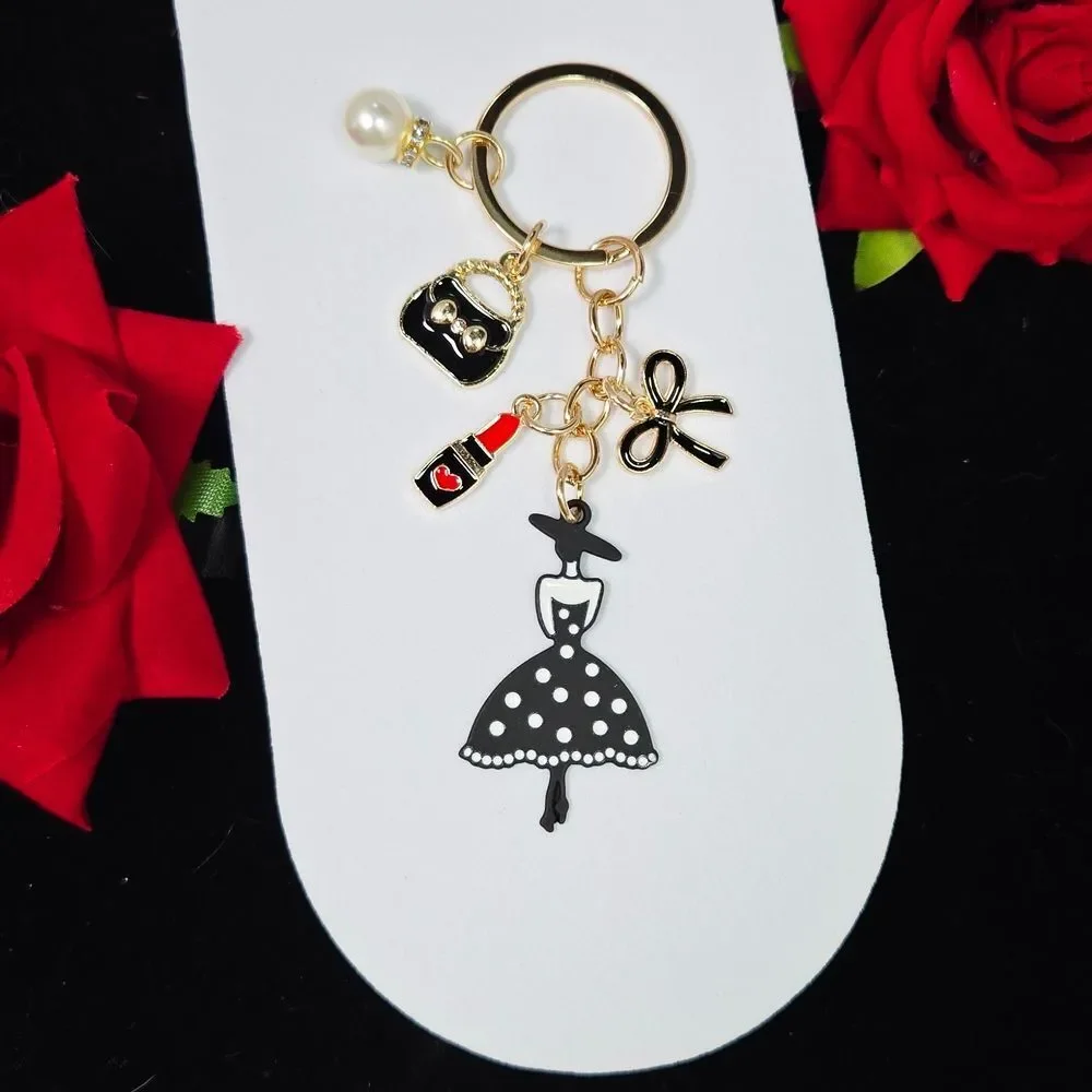 Gold Bow Pearl Fashion Keyring – Handbag, Lipstick & Glam Charms Feminine Gift